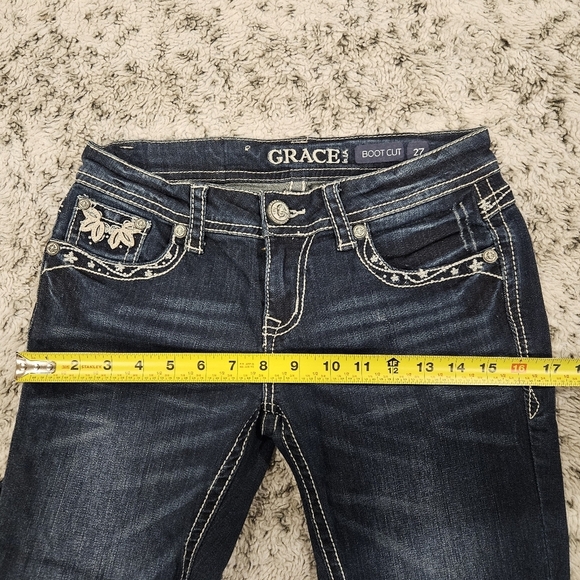 Grace SZ 27 Y2K Med Wash Low Rise Embellished Boot Cut Biker Rodeo Denim Jeans - Picture 7 of 11